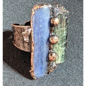 Raw Kyanite & Green‎ Tourmaline Copper Electroformed Statement Ring Boho